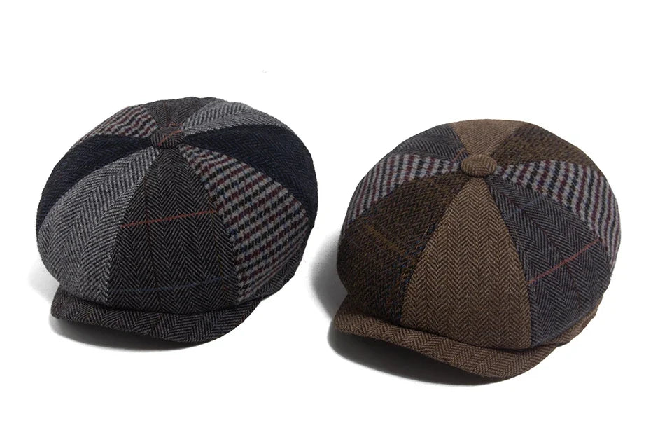 Vintage Newsboy Cap Men Herringbone Plaid Patchwork Pattern Women Beret Autumn Winter Warm Male Flat Caps Octagonal Hat Elastic