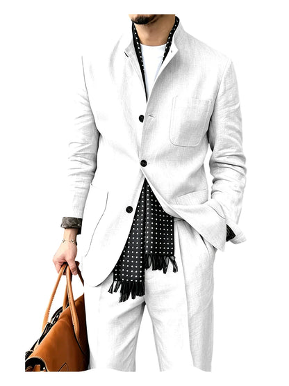 Men's Linen Blend 2 Piece Suit Set Stand Collar Breathable Casual Blazer Pants For Business Daily Wear
