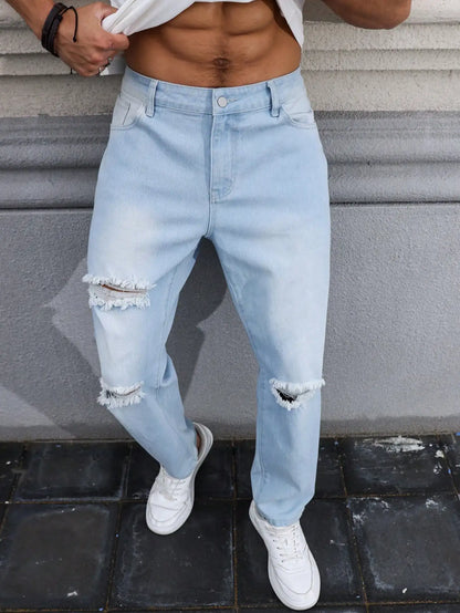 Men's Light Blue Ripped Jeans for Spring and Autumn. Casual Denim Trousers. Street Ripped Daily Casual