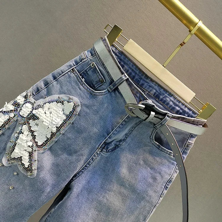 Ladies' Beaded and Sequined Denim Cropped Pants, New Summer Style, Raw-edge Straight-cut, Slim-fitting, Versatile Shorts