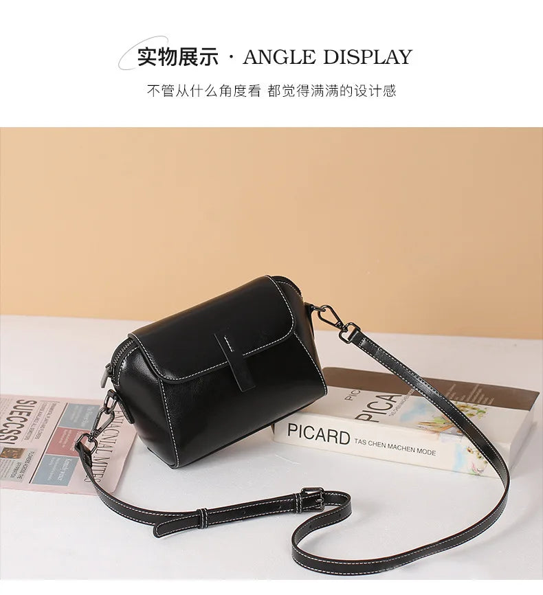Oil Wax Cowhide Leather Cross Body Small Bag for Women Fashionable and Versatile Shoulder Shell Hand Bag Ladies Casual Phone Bag