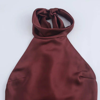 Dress for Women Fashion 2024 Autumn New Bow Sexy Backless French Elegant Halter Neck Satin Texture Midi Dresses
