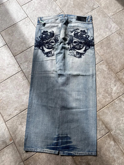 New White Jeans Y2K Dragon Pattern Mens American High Street Retro Korean Straight Pants Harajuku Hip-Hop Couple Wide Pants