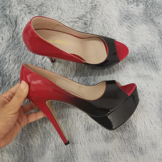 2026 New Women Pumps Sexy Platform Peep Toe 14cm Extremely High Heels Stiletto Patent Leather Party Nighclub Red Wedding Shoes