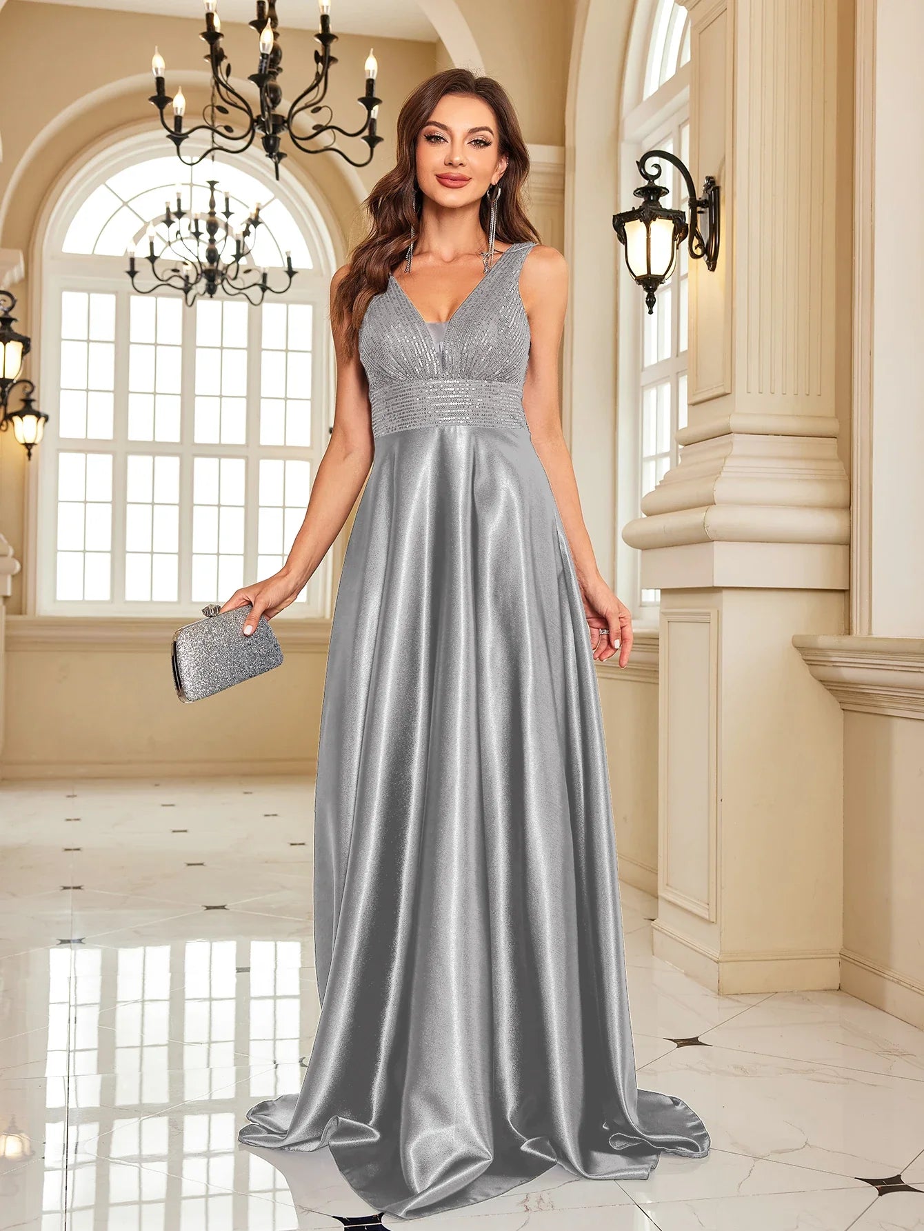 Elegant Sequins Evening Dress For Women 2024 Deep V-neck Satin Prom Party Green Dress Floor Length Blue Formal Gowns