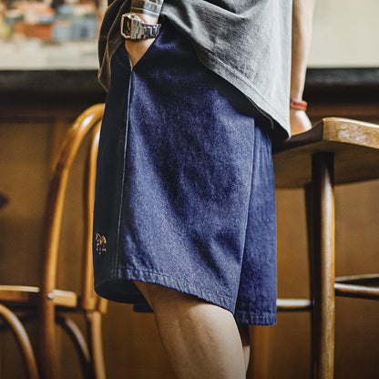 Men's Washed Denim Blue Jean Shorts American Retro Workwear Embroidered Straight Five Inch Thin Casual Summer Bottoms
