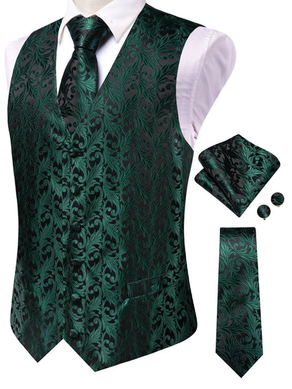 Men's Classic Floral Vest & Tie Hanky Cufflinks Set – Waistcoat for Weddings Events Party Gift