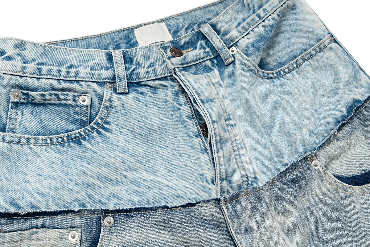 Double-layer Double Waist Patchwork Baggy Jeans for Men and Women Straight Casual Loose Denim Trousers Oversized