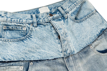 Double-layer Double Waist Patchwork Baggy Jeans for Men and Women Straight Casual Loose Denim Trousers Oversized