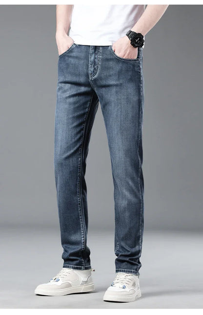 New Men's Thin Lyocell Jeans Soft Business Stretch Fashion Trousers Slim Brand Casual Elasticity Denim Pants Male Clothes