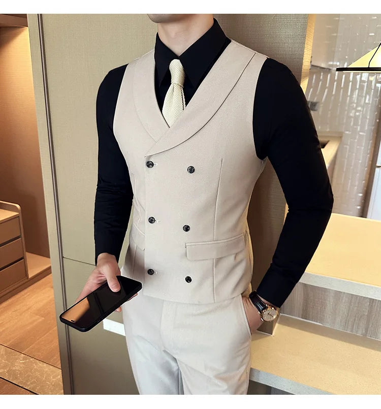( Vest + Pants) Men's Double-breasted Suit Vest 2 Pieces Set High Quality Business Casual Fashion Groom Wedding Dress Vest Sets