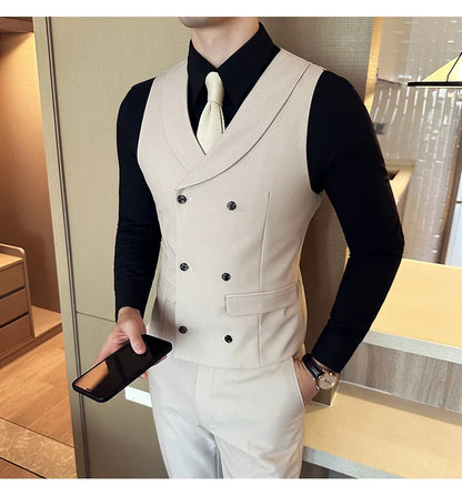 ( Vest + Pants) Men's Double-breasted Suit Vest 2 Pieces Set High Quality Business Casual Fashion Groom Wedding Dress Vest Sets