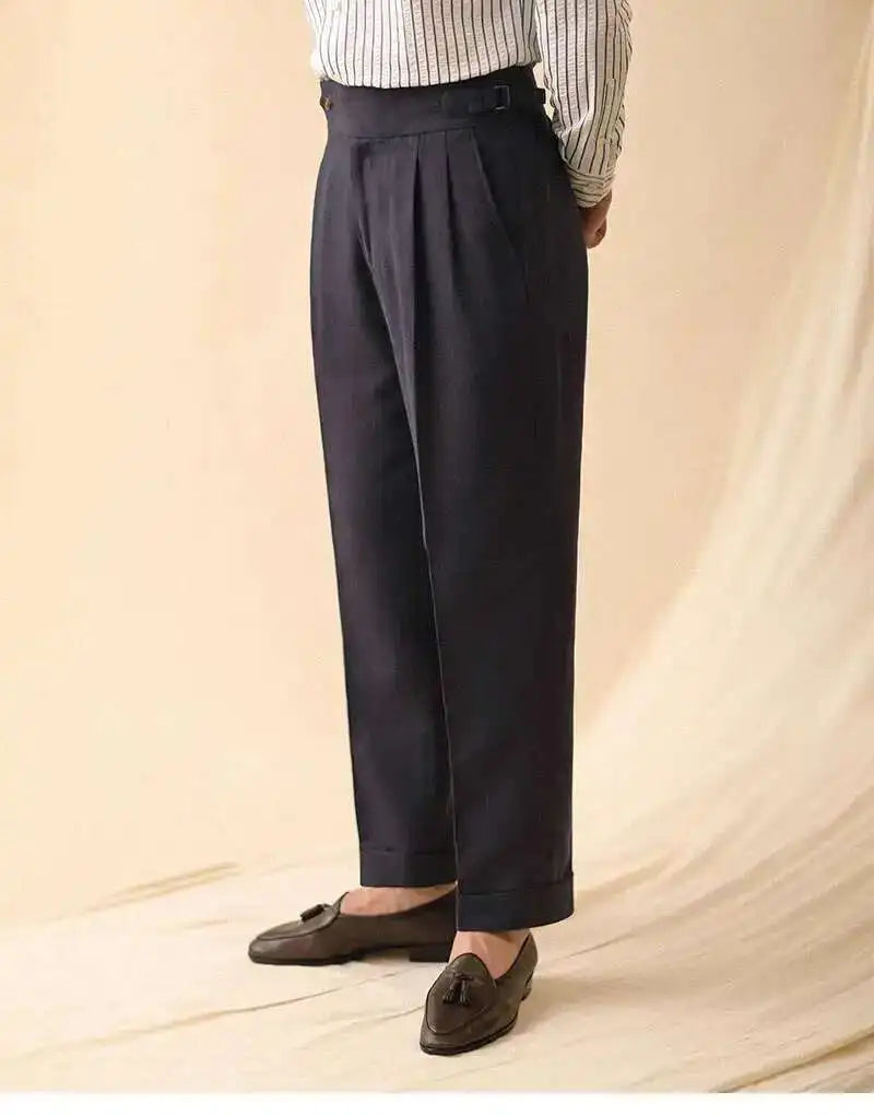 Linen Straight Pant For Men 2024 Summer Business Gentleman Naples Pant Paris Buckle Drape High Waisted Trousers Men Formal Pant