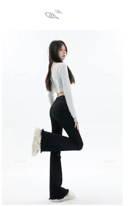 Spring Summer Flared Jeans Women Cotton Vintage Blue Denim Pants Streetwear Elastic High Waist Slim Harajuku Trouser Plus Length