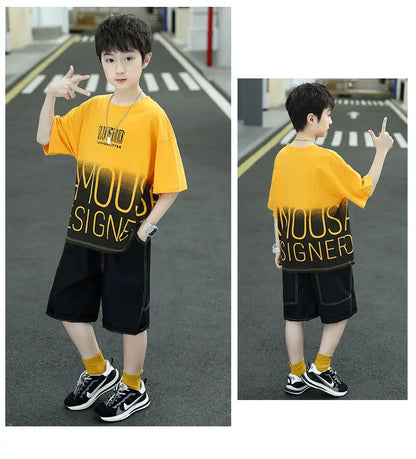 Summer Boys Cotton Contrast Alphabet t-Shirt Tops+Denim Shorts Pant School Kids Tracksuit Child 2PCS Outfit Workout Set 5-16 Yrs