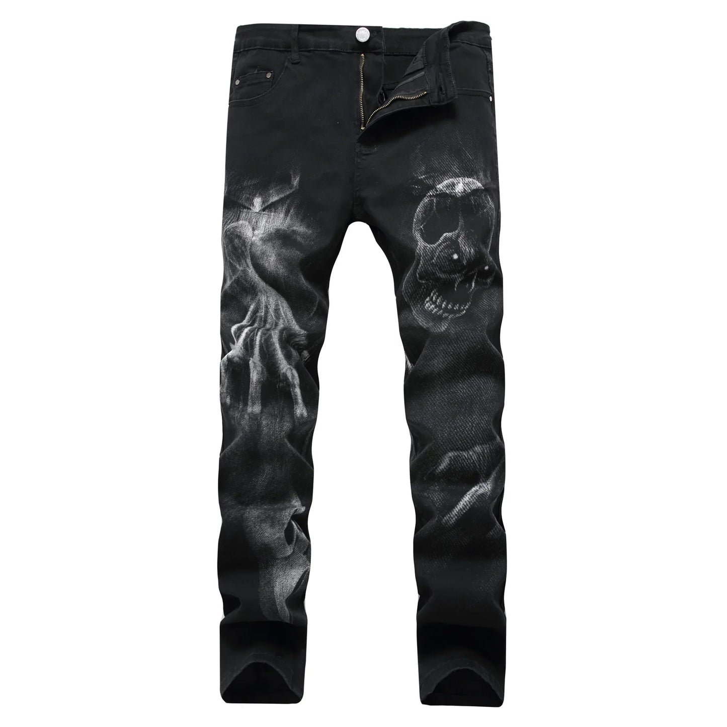 2026 Men's Blue 3D Printing Jeans, Black Wolf Pattern Printed Punk Straight Cotton Casual Print Denim Pants Asian Size 28-42
