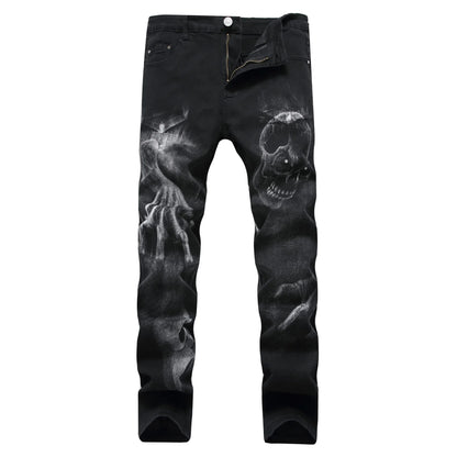 2026 Men's Blue 3D Printing Jeans, Black Wolf Pattern Printed Punk Straight Cotton Casual Print Denim Pants Asian Size 28-42