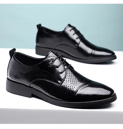 Men's Summer Breathable Leather Shoes Hollow out Fashionable Slip-On Comfortable Anti-Slip Soft Bottom Derby Shoes-SJ2501-1