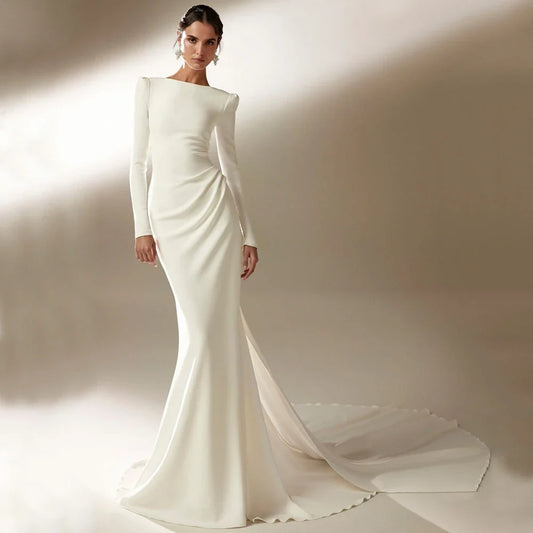 Elegant Long Sleeve Mermaid Wedding Dress with Pleat Floor Length Bridal Sexy Open Back Applique Delicate Customized Bride Gowns