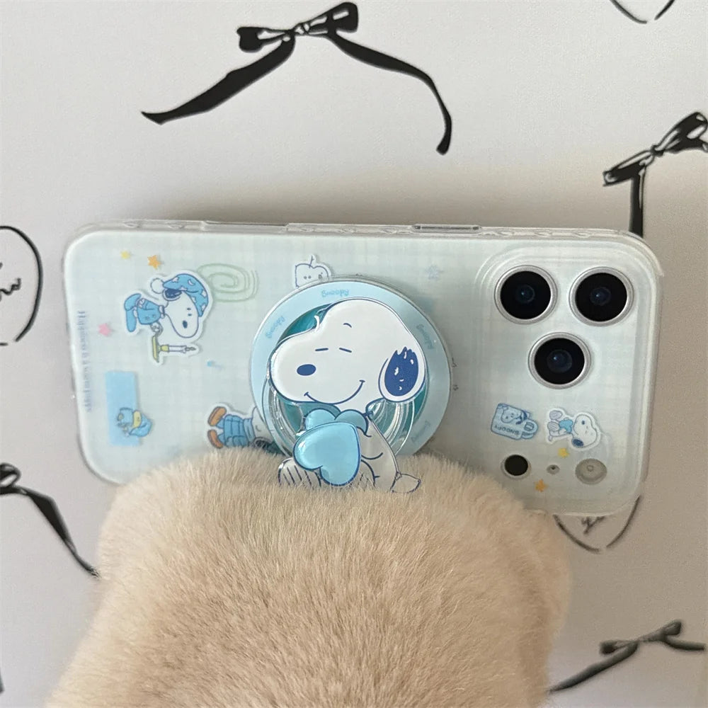Ins Plaid Kawaii Snoopy Magnetic Phone Case for iPhone 17 Pro 13 14 15 16 Pro Max Cover With Magsafe Stand Cute Shockproof Funda