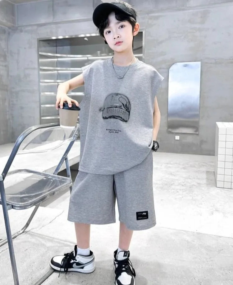 Boys' 2025 Summer New Arrival Sleeveless Two-Piece Vest & Sports Set for Big & Tall Kids