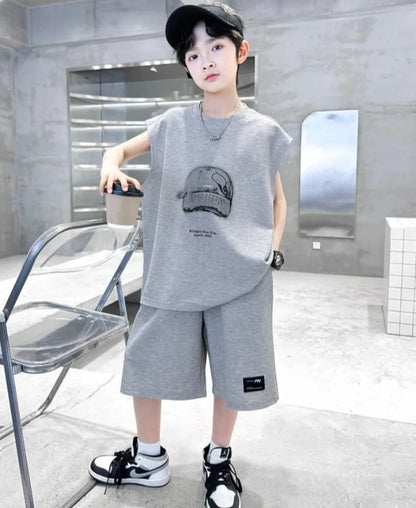 Boys' 2025 Summer New Arrival Sleeveless Two-Piece Vest & Sports Set for Big & Tall Kids