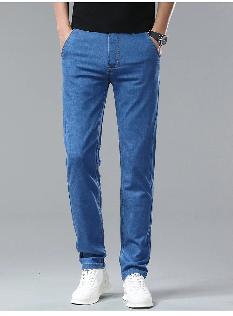 Men's Ice Silk Jeans Summer New Lyocell Thin Business Casual Denim Pants Classic All Match Slim Fit Straight Elastic Jean Male