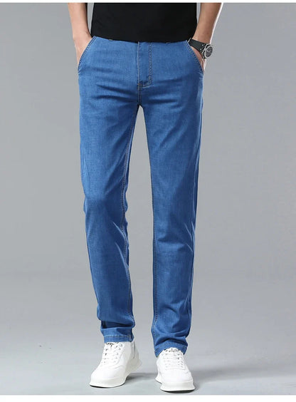 Men's Ice Silk Jeans Summer New Lyocell Thin Business Casual Denim Pants Classic All Match Slim Fit Straight Elastic Jean Male
