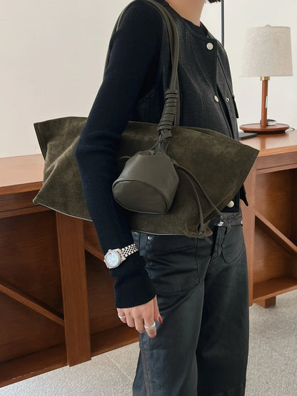 Vintage Large Capacity Suede Tote Bag Designer Trapeze Shoulder Bags for Women Luxury Genuine Leather Handbag and Purse 2026