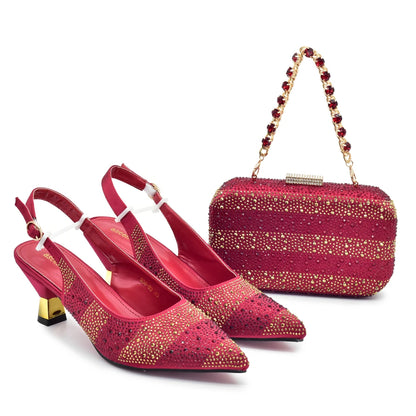 New Fashion Women Nigerian Italian Shoes and Bags Set Decorated with Rhinestone Elegant Woman Heeled Shoes Wedding Leather Shoe