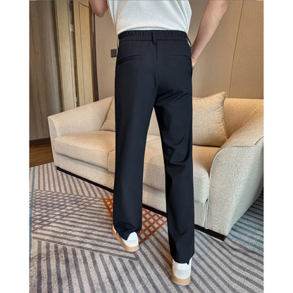 Men's Pleated Trousers, Elastic Waist, Wide-Leg, Casual Suit Pants, 2026 Spring, White/Black, S-4XL