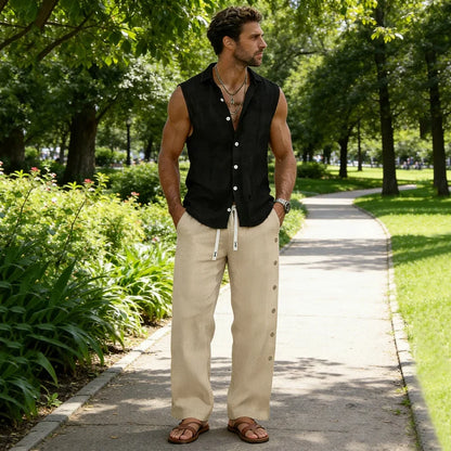 Men's Casual Cotton Linen Pants Drawstring Waist Side Button Decor Straight Leg Lightweight Breathable Summer Beach Trousers