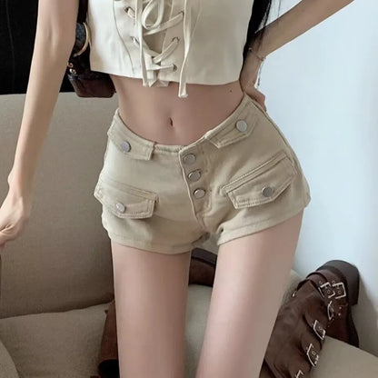 Korean Style Women's Khaki Denim Shorts 2026 New Triple Buttons High Waist Slim Fit Casual Commuter Streetwear Jean Shorts