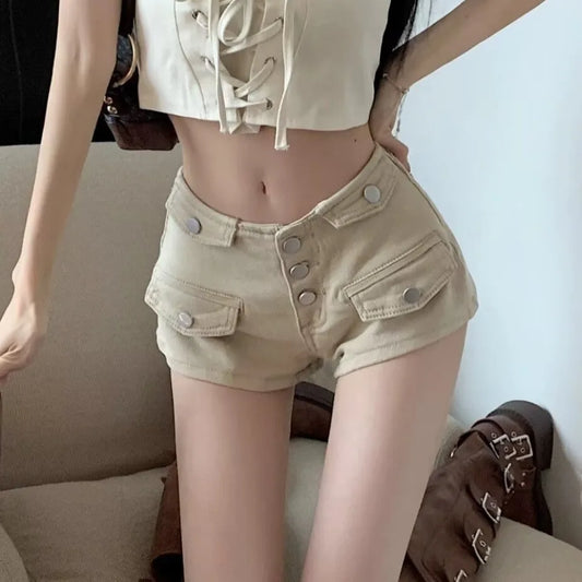 Korean Style Women's Khaki Denim Shorts 2026 New Triple Buttons High Waist Slim Fit Casual Commuter Streetwear Jean Shorts