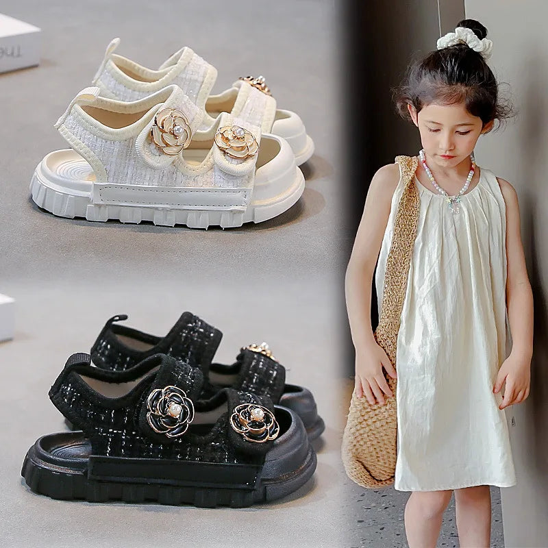 Rose Sweet Style Sandals Summer Solid Color Girls Baby Sandals Open Toe Small PU Slipper Shoes Size 21-35