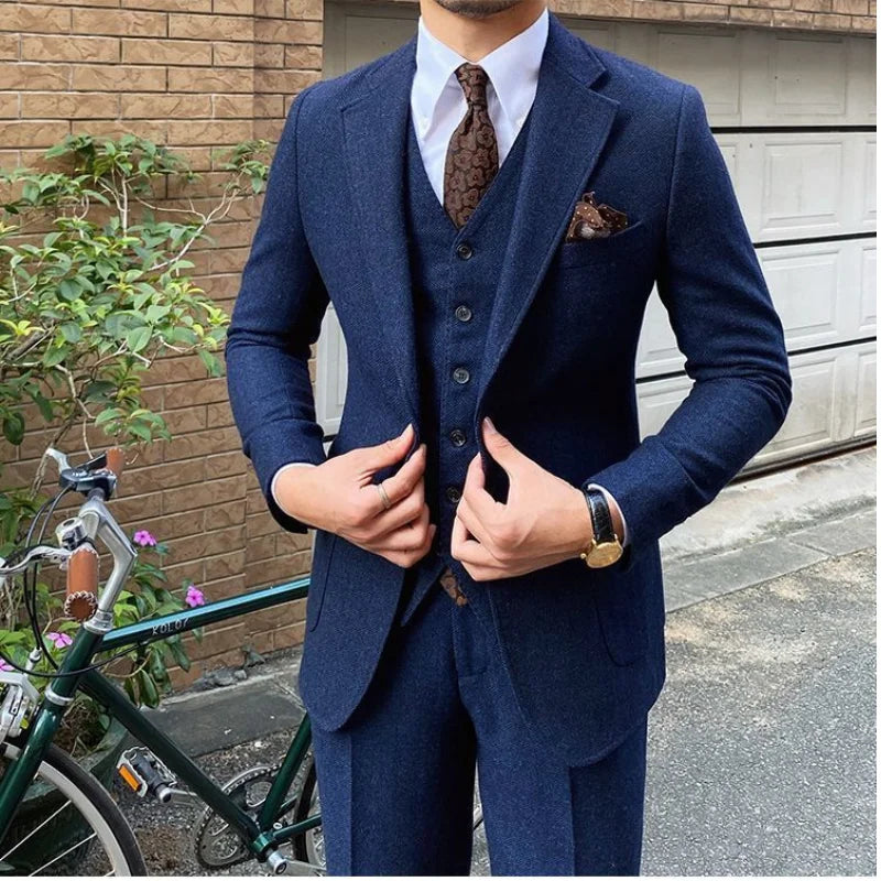 New Retro Herringbone Slim Fit Men's Suit Gentlemen's 3-piece Suit Single Breasted Handsome Autumn Winter Business Casual Formal