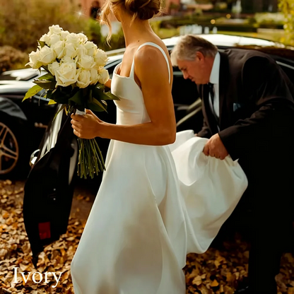 Classic Long White Wedding Dress A-Line Square Collar Spaghetti Straps Formal Pleat  Vintage Backless High Silt Grown Customized