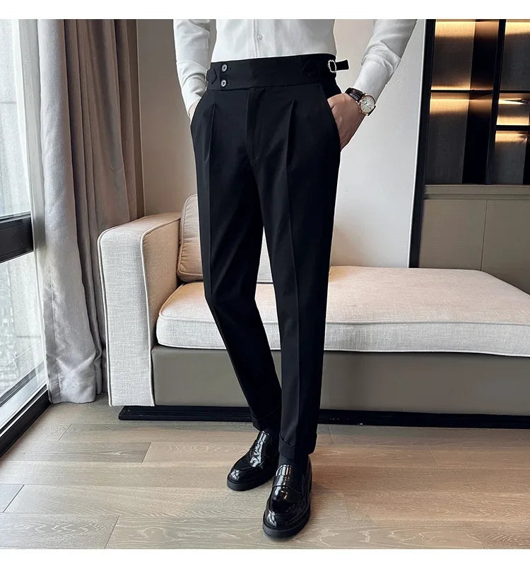 Autumn Winter High Waist Business Dress Pants Men Casual Belt Design Slim Suit Pants Formal Wedding Social Party Male Trousers