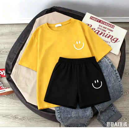 2026 New Summer Smiling Face Print Kids T-shirt Set Short-sleeved Pure Cotton Loose Basic Versatile Cool Simple Kids Outfit Tops