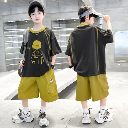 Teenage Summer Tracksuit for Boy with Shorts Tshirt 2 Piece Top and Bottom Clothes Set Kids Child Casual Cotton Outfit Suit Wear