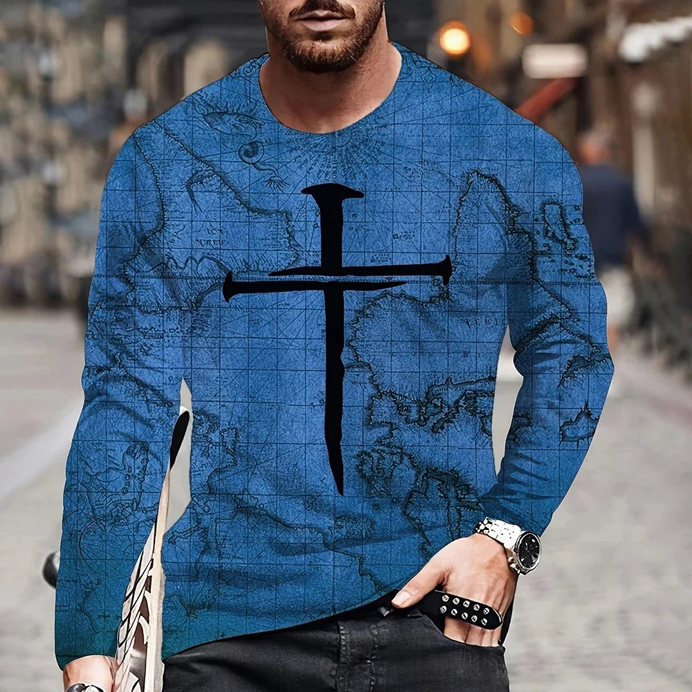 2023 Vintage Men's T Shirt Cotton Cross Pattern Long Sleeve 3D Clothing Nautical Map Print Street Harajuku Oversized