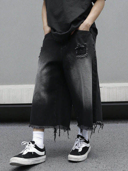 Men's Loose Ripped Denim Jeans 7 Point Calf Length Wide Leg Trousers Distressed Holes Frayed Hem Streetwear Casual Pants