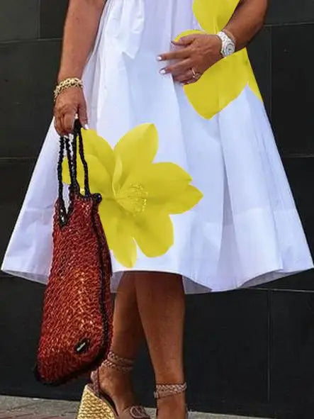 Modigirl Women's Summer New Dress 2025 V-Neck Pleated Short Sleeves White Loose Flower Print Casual Midi Dresses for Woman