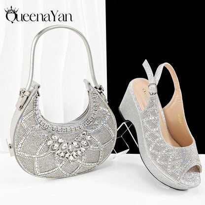 Sky Blue Elegant Nigerian Rhinestone Wedding Shoe and Bag Set Italian Inspired High Heels and Matching Handbag