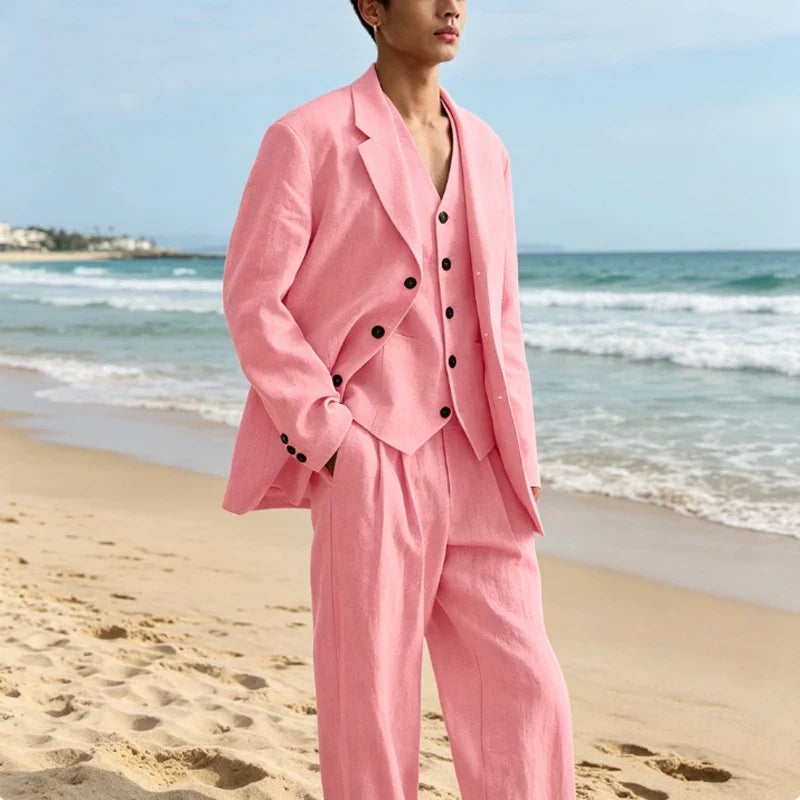 Men's Linen Suit Classic Notch Lapel 3 piece(Blazer+Vest+Pants)Breathable Wide Leg Trousers for Groom Spring Summer Party
