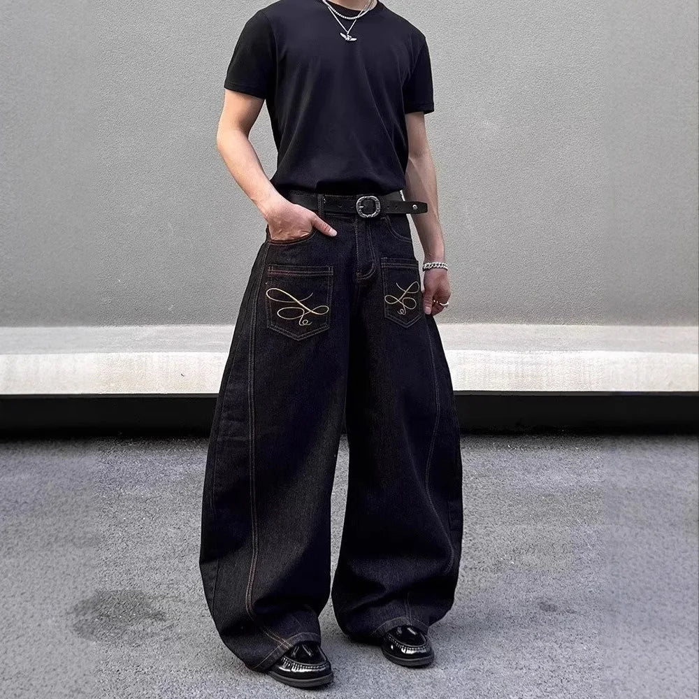 2025 Summer New Men's Y2k Pocket Decoration Jeans Harajuku Retro Fashion Trend Street Hip-Hop Casual Loose Niche Men's Bottoms