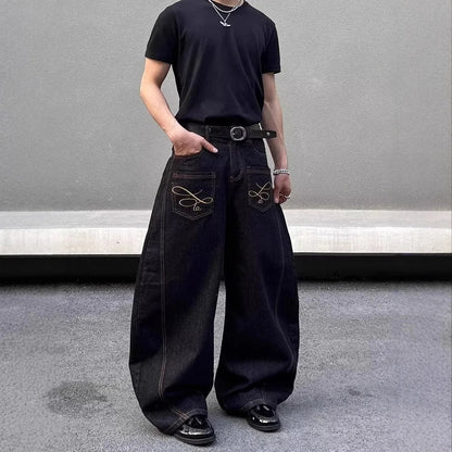 2025 Summer New Men's Y2k Pocket Decoration Jeans Harajuku Retro Fashion Trend Street Hip-Hop Casual Loose Niche Men's Bottoms
