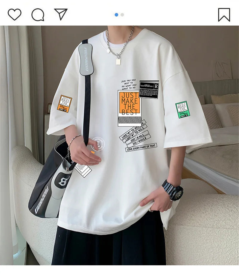 Men's Cotton T-shirts White Mens Oversized T Shirt Summer Casual Wear Letter Print Tee Shirts Fashion for Men 5XL Male Clothes