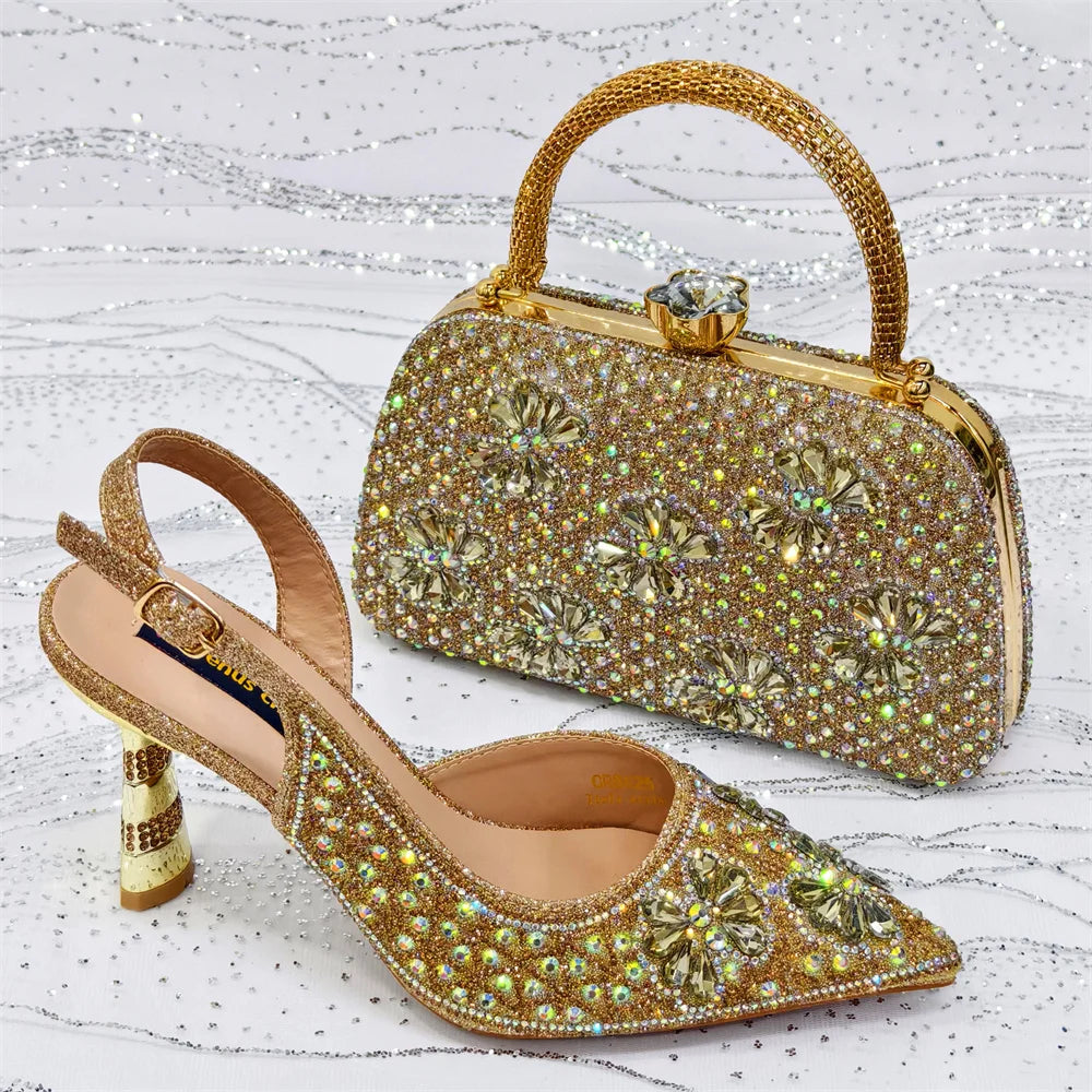 2025 Purple High Heel Party Shoes & Rhinestone Handbag Set - Elegant Italian Design for Weddings and Special Occasion
