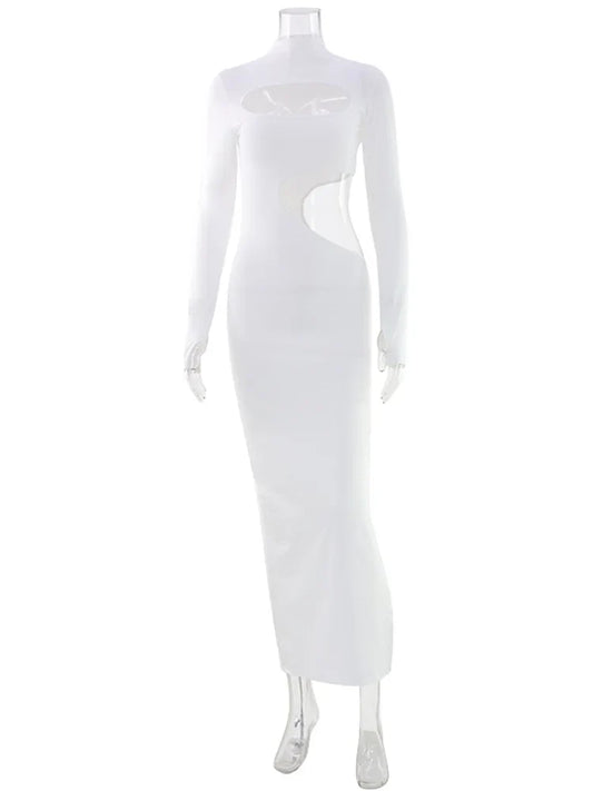Sexy Dresses For Women Solid Turtleneck Regular Long Sleeves Hollow Out Sheath Basci Slim Fit Female Vestidos Party